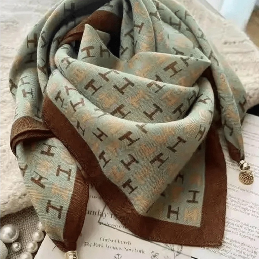 Designer Monogram Scarf in Green and Brown
